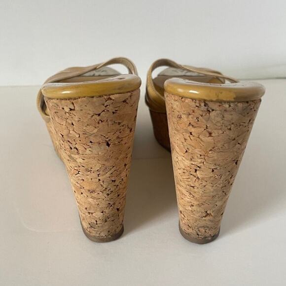 Jimmy Choo Y2K Patent Leather Tan Crossover Mule Cork Wedge Sandals • Size 39.5 - Picture 3 of 9